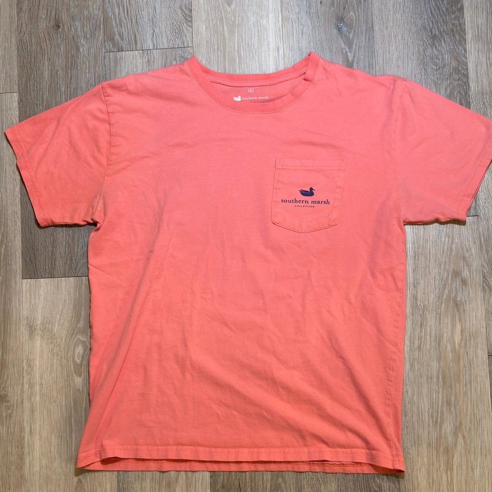 Southern Marsh Coral Pocket Tee with Navy Print
